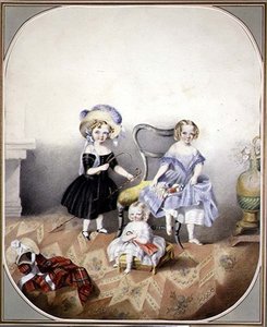 Porträtt av tre blåögda flickor i finklänning, ca 1840 (akvarell på papper) av English School