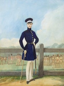 Porträtt av en brittisk officer i avklädd klänning och fodermössa (penna & svart bläck, wc & kroppsfärg)