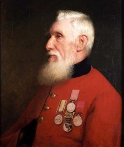Porträtt av en Chelsea-pensionär som bär sina tjänstemedaljer (olja på duk) av English School