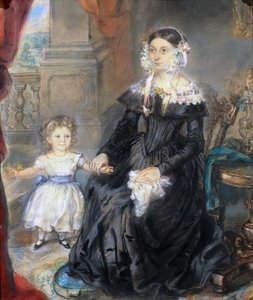 Porträtt av en mor och ett litet barn i en interiör, ca 1830 (för par se 126404)