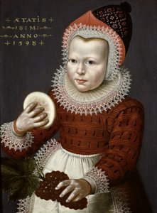 Porträtt av en ung flicka som håller bröd och vindruvor, 1598
