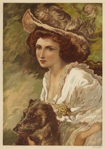 Porträtt av en ung kvinna med en hund (färg litho) av English School