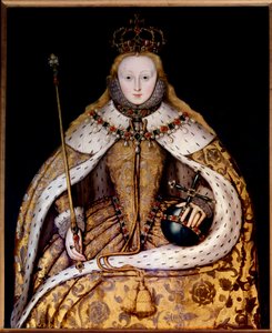 Porträtt av drottning Elizabeth II i kröningsdräkt, ca 1600 (olja på panel) (olja på duk) av English School