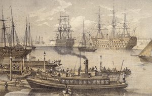 Portsmouth Harbour (färgad gravyr) av English School