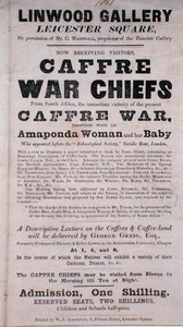 Affisch som annonserar en föreläsning om Caffre War Chiefs på Linwood Gallery av English School
