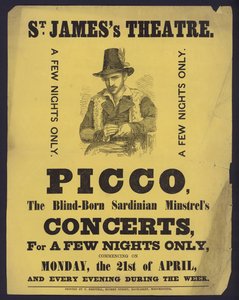 Affischreklamkonserter av Picco, en blind Sardinian Minstrel på St James