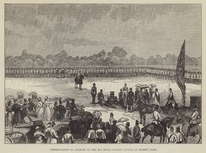 Presentation av färger för den 3:e Royal Surrey Militia i Bushey Park (gravyr) av English School