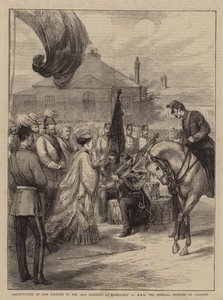 Presentation av nya färger till 106:e regementet i Parkhurst av HKH den kejserliga prinsessan av Tyskland (gravyr) av English School