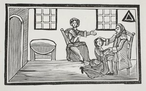 Pretty Bessie tar emot sin fars välsignelse när hon ska söka sitt eget försörjning, illustration från Chap-books of the Eighteenth Century av John Ashton, pub. 1882 av English School