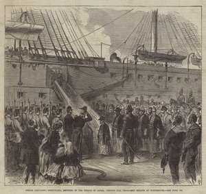 Prins Tokugawa Minbutaiho, bror till Tycoon of Japan, besöker HM Troop-Ship Serapis i Portsmouth (gravyr) av English School