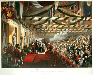 Prinsessan Alexandra av Danmark anlände till London den 7 mars 1863 till The Bricklayers Arms Station med sin blivande make, prinsen av Wales. 1863 (lito i färg) av English School