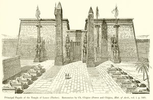 Huvudfasaden av Luxors tempel (Thebe). Restaurering av Ch. Chipiez (Perrot och Chipiez, Hist. of Arch., vol. i. s. 349) av English School