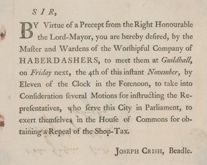Tryckt brev från Joseph Crish, Beadle of Guildhall, London av English School