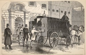 Prison van som tar emot fångar i House of Detention, illustration från The Criminal Prisons of London och Scenes from Prison Life av Henry Mayhew och John Binny, pub. 1862 av English School
