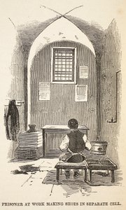 Fånge på jobbet gör skor i separat cell, illustration från The Criminal Prisons of London och Scenes from Prison Life av Henry Mayhew och John Binny, pub. 1862 av English School
