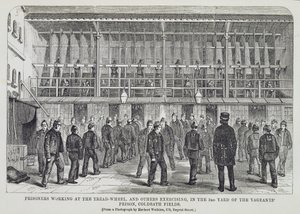 Prisoners Working at the Tread-Wheel och andra som tränar i 3rd Yard of the Vagrants Prison, Coldbath Fields, från The Criminal Prisons of London och Scenes of Prison Life av Henry Mayhew (1812- av English School