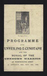 Program för avtäckningen av Cenotaph och begravningen av den okände krigaren, Westminster Abbey, London, 11 november 1920 av English School