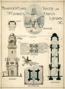Föreslaget Clock Tower på St Georges Circus, London SE (bläck på papper) av English School