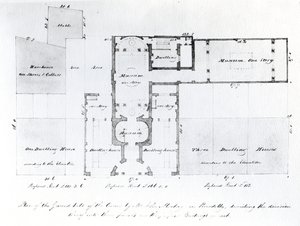 Föreslagen planlösning för den egyptiska hallen, Picadilly, 1810 (bläck på papper) av English School