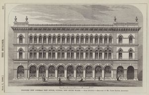Föreslagna nya allmänna postkontor, Sydney, New South Wales, Flank Elevation, designad av Mr James Barnet, arkitekt (gravyr) av English School