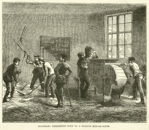 Preussare som tröskar majs i en fransk skolsal, september 1870 av English School