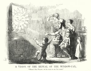Punch cartoon: A Vision of the Repeal of the Window Tax (gravyr) av English School