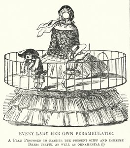 Punch cartoon: Every Lady Her Own Perambulator - modet för damkjolar (gravyr) av English School