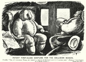 Punch tecknad: Patent First Class Costume för kollisionssäsongen - säkerhet på järnvägarna (gravyr) av English School