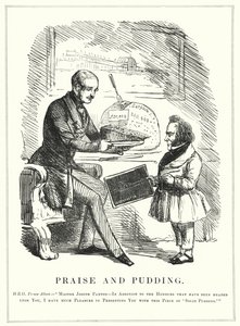 Punch-tecknad serie: Praise and Pudding: Prins Albert belönar Joseph Paxton för att ha designat Crystal Palace för att hysa den framgångsrika stora utställningen 1851 i Hyde Park, London (gravyr) av English School