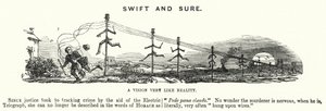 Punch cartoon: Swift and Sure - användningen av elektrisk telegrafi för att spåra brott (gravyr) av English School