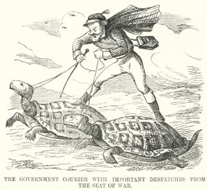 Punch tecknad: The Government Courier med viktiga försändelser från krigets säte (gravyr) av English School