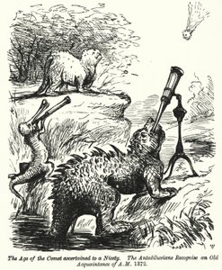 Punch tecknad: dinosaurier tittar på en komet (gravyr) av English School