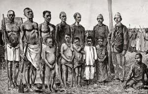 Pygméinfödda jämfört med engelska officerare, sudaneser och zanzibaris, 1890 (trästick) av English School