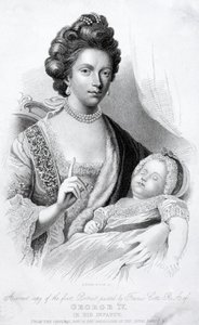 Drottning Charlotte, gemål till kung George III, med deras lilla son, den blivande prinsregenten och kung George IV av English School