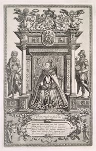 Drottning Elizabeth I (1533-1603) som beskyddare av geografi och astronomi, frontispice till en bok med Saxon Maps of England, 1579 av English School