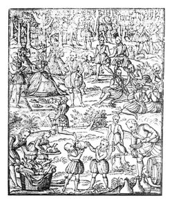 Drottning Elizabeth I (1533-1603) vid en jaktpicknick, tallrik från "Noble Art of Venerie and Hunting" av George Turberville, 1575 av English School