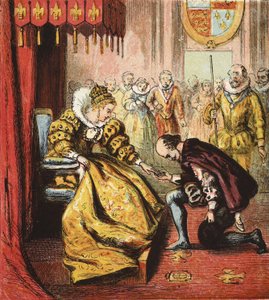 Drottning Elizabeth I och Shakespeare, pub. 1890 (färggravyr) av English School