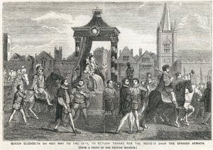 Drottning Elizabeth I på väg till staden för att återvända tack för segern över den spanska armadan av English School