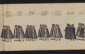 Drottning Elizabeth I:s begravningsprocession (färgad gravyr) av English School