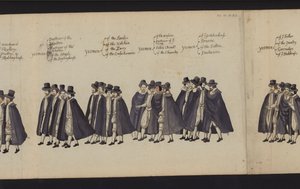 Drottning Elizabeth I:s begravningsprocession (färgad gravyr) av English School