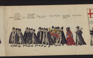 Drottning Elizabeth I:s begravningsprocession (färgad gravyr) av English School