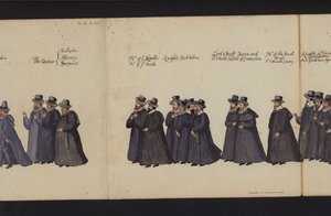 Drottning Elizabeth I:s begravningsprocession (färgad gravyr) av English School