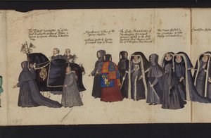 Drottning Elizabeth I:s begravningsprocession (färgad gravyr) av English School