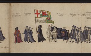 Drottning Elizabeth I:s begravningståg (färgad gravyr) av English School