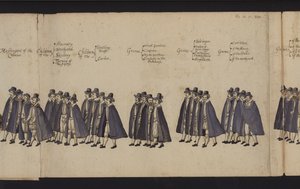 Drottning Elizabeth I:s begravningståg (färgad gravyr) av English School
