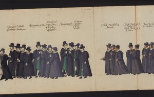 Drottning Elizabeth I:s begravningsprocession (färgad gravyr) av English School
