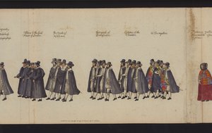 Drottning Elizabeth I:s begravningsprocession (färgad gravyr) av English School