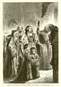 Drottning Elizabeth Wydville intar Sanctuary i Westminster, 1471 av English School