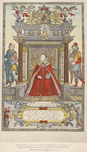 Drottning Elizabeth som beskyddare av geografi och astronomi. Frontispice till Saxtons atlas över England Wales från 1579 (färg litho) av English School