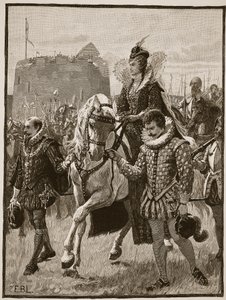 Drottning Elizabeth i Tilbury, illustration från Cassells Illustrated History of England (sepiafoto) av English School